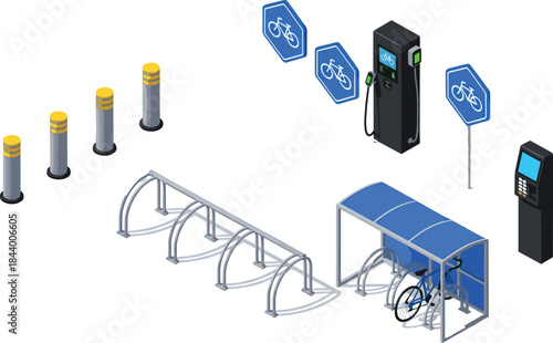 Isometric bicycle parking station with bike racks, covered shelter, charging point, safety bollards, and signage for modern urban transportation infrastructure illustrations