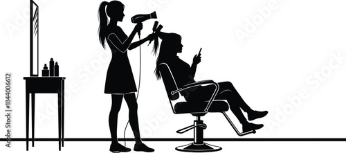 Professional hairstylist blow drying client hair in beauty salon, modern hairdressing service silhouette illustration for hair care, styling, fashion and cosmetology themed design