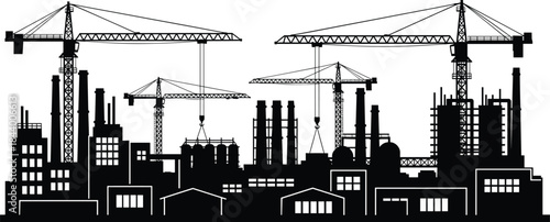 Industrial construction site silhouette, factory buildings with cranes, urban development skyline, heavy industry infrastructure, black vector illustration