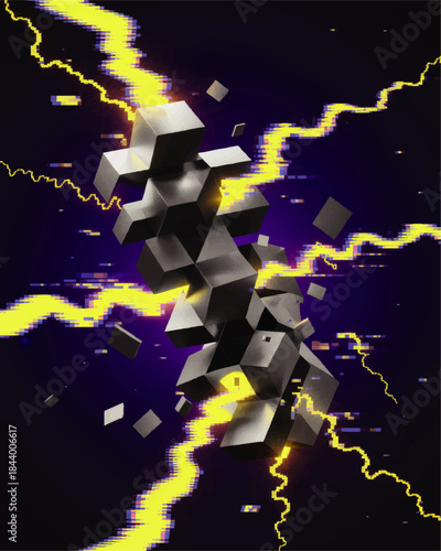 Futuristic metallic cubes with electric lightning and glitch effects on dark neon purple background, abstract sci fi digital art