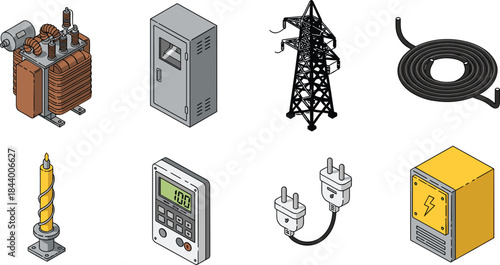 Isometric electrical equipment set featuring transformer, control cabinet, power tower, cables, meter, insulator and plug for energy industry design projects
