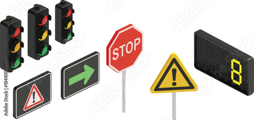 Isometric traffic signs and signals illustration featuring stop sign, warning sign, traffic lights and digital road display for transportation design projects