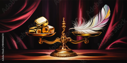 Luxury golden balance scale with gold bars and colorful feather symbolizing value, wealth, lightness and justice on dramatic red drapes