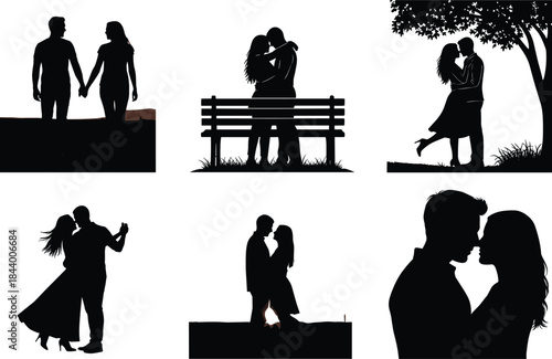 Romantic couple silhouette poses in love, kissing, dancing, walking, embracing under tree, emotional intimacy vector set for Valentine’s theme