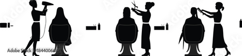 Professional hairstylist silhouette vector set showing haircut, blow-drying and styling scenes, beauty salon illustration ideal for branding, posters, instructional graphics