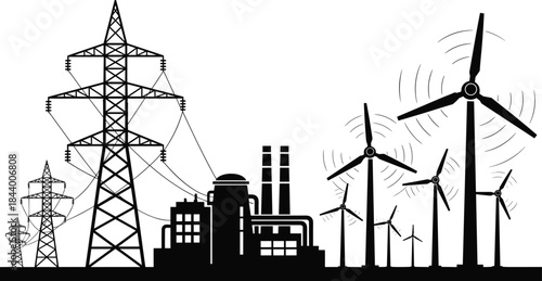 Renewable energy and industrial power infrastructure illustration, wind turbines, power transmission towers, factory silhouette, sustainable electricity generation concept,