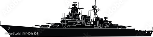 Modern military warship silhouette illustration, detailed navy destroyer battleship profile, black vector icon isolated on white background