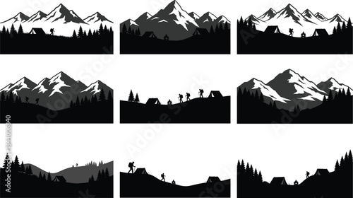 Set of mountain hiking and camping vector silhouettes showing travelers, tents, pine trees, wilderness adventure, and outdoor nature exploration scenes