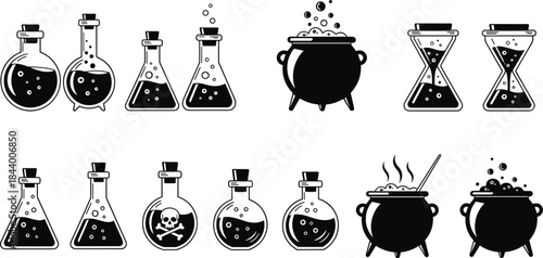Potion and lab container illustration set, black and white vector, cauldron, flask, hourglass, poison symbol, fantasy science