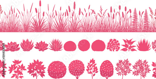 Plant silhouette illustration set featuring grass, bushes, shrubs and succulents in decorative border style for landscape design and gardening projects