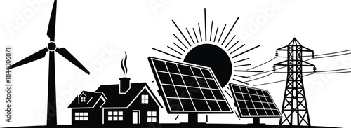 Renewable energy system concept vector illustration, integrating wind turbine, house with solar panels, and transmission tower for sustainable electric power generation and smart grid technology.