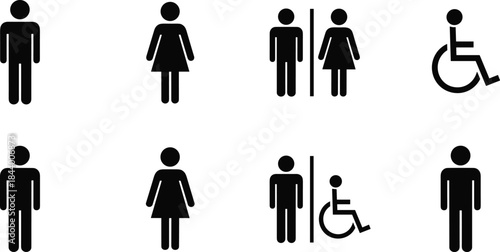 Public restroom and accessibility icons showing male, female, unisex and wheelchair symbols for signage, facilities navigation, universal design and wayfinding