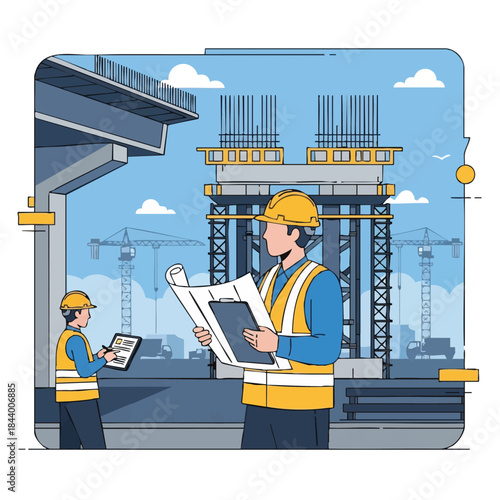 Construction workers in hard hats and safety vests reviewing blueprints at a large building site with cranes and scaffolding.