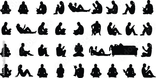 Reading silhouette illustration set, people with books, relaxed poses, lounging, sitting, couch reading, cat companion, vector art, education concept