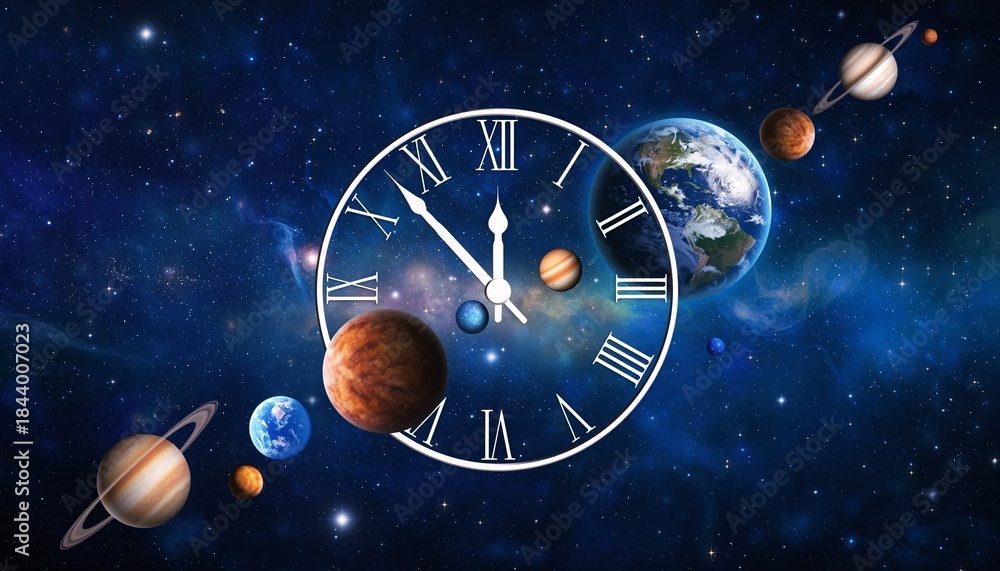 Fototapeta premium Cosmic Clock: A conceptual image intertwines the vast expanse of the cosmos with the tangible concept of time. The planets of our solar system gracefully encircle a classic clock face. 