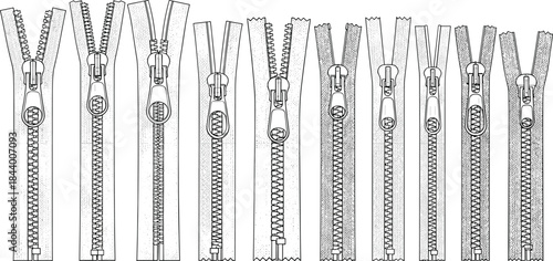 Set of detailed zipper illustrations showing various metal and plastic zip designs for clothing, fashion accessories, tailoring, textile manufacturing, and garment construction