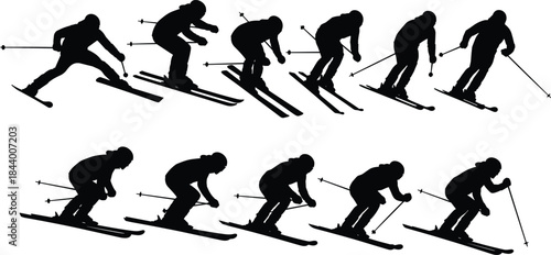 Silhouette sequence of skier performing dynamic downhill movements, winter sports action poses, professional skiing technique illustration for athletic outdoor activity concepts