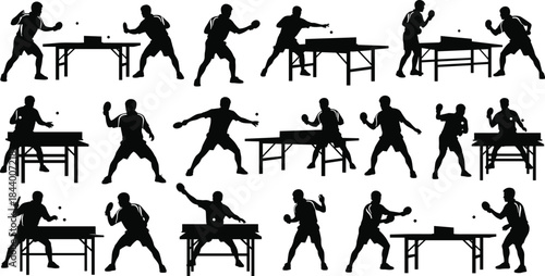 Silhouette table tennis players in dynamic action poses, ping pong athlete movements showing various strokes, competitive sports training illustration collection