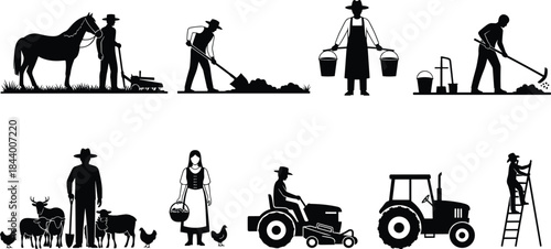 Silhouette illustrations of farmers working with animals, tools, tractors, and agricultural equipment representing rural farming, agriculture labor, harvest activity, and countryside life
