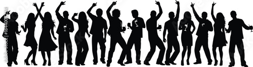 Silhouettes of dancing people celebrating at a party event holding drinks and posing in festive crowd scene for nightlife and celebration designs