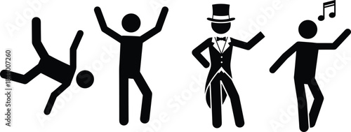 Stick figure dance poses vector, black silhouette illustration, breakdance, ballroom, musical movement, energetic choreography, minimal style, dance icons