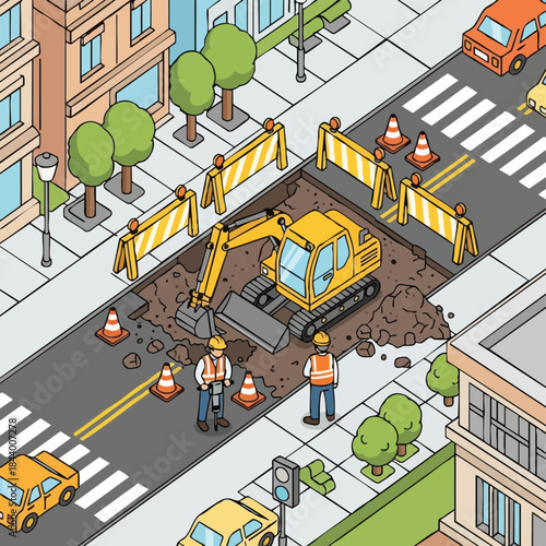 Road construction site with excavator and workers.