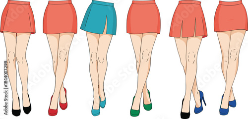Stylized women’s skirt fashion illustration, lower body vector, high heels, trendy outfit design, colorful clothing, feminine style poses