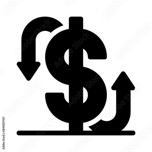 Dollar sign with arrows showing financial fluctuations. Suitable for finance, business, investments, economy, stock market concepts for designs.
