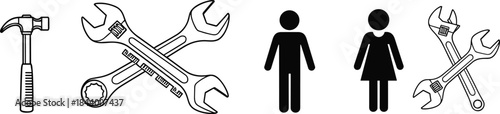 Tools and worker icons featuring hammer, wrenches, male and female symbols representing construction, repair, maintenance, mechanic work and labor concepts