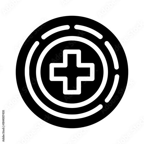 Medical logo design with plus symbol in concentric circles. Suitable for healthcare, medical, and pharmaceutical industries. Ideal for branding materials.

