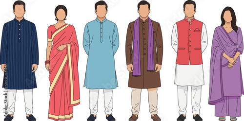 Traditional South Asian clothing illustration featuring men and women in kurta, sherwani, saree and ethnic wear for cultural fashion design projects