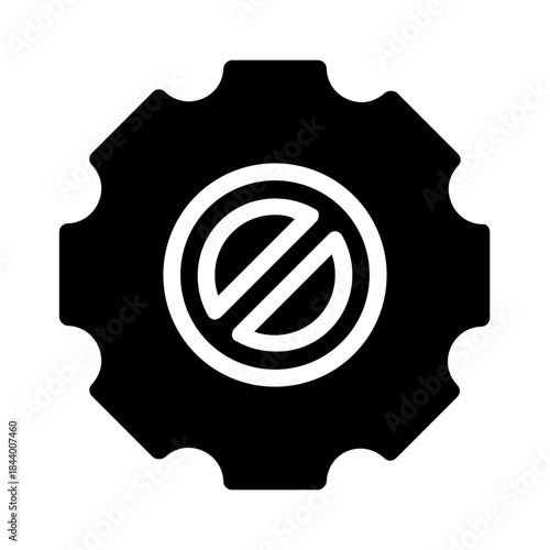 Gear icon with a crossed out circle depicts disabled feature or item. Suitable for design related to restrictions or prohibitions.
