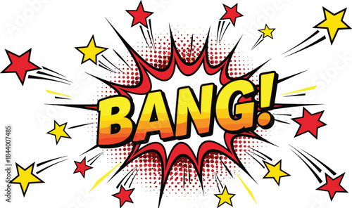 Vibrant comic style explosion with bold bang text, dynamic stars, colorful pop art energy burst and dramatic cartoon impact effect illustration