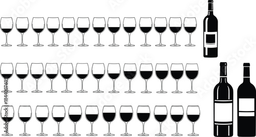 Wine bottle to glass ratio illustration, serving size concept, black vector, beverage quantity visual, alcohol drink distribution chart