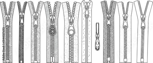 Zipper types vector set, black and white illustration, metal coil plastic designs, fashion hardware, textile accessory, garment closure icons