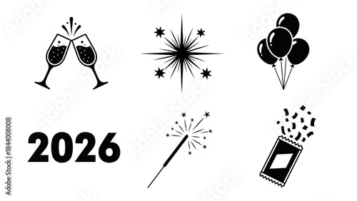 New year 2026 celebration icon set black silhouette simple design white background