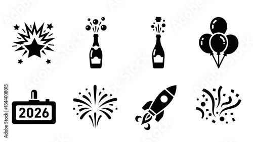 New year 2026 celebration icon set black silhouette simple design white background