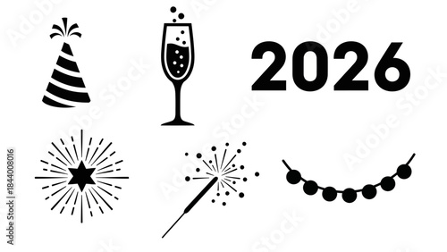 New year 2026 celebration with party hat champagne glass fireworks and decorations