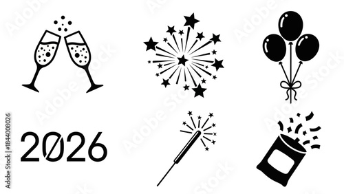 New year celebration icon set with champagne glasses fireworks balloons 2026 sparkler and popper