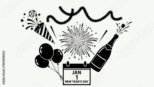 Happy new year celebration composition with popper tinsel fireworks balloons calendar champagne