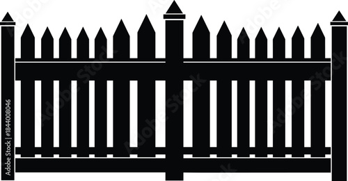 Wooden picket fence silhouette vector illustration, garden boundary security barrier for property yard, outdoor privacy design and landscape decoration