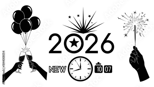 New year 2026 celebration set with balloons, sparkler, champagne glasses, and clock