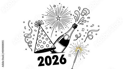 New year 2026 celebration with party hat, champagne explosion, and festive decorations