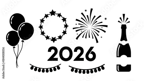 New year 2026 celebration elements set with balloons fireworks champagne and stars