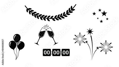 New year celebration icons with balloons, champagne glasses, laurel wreath and timer