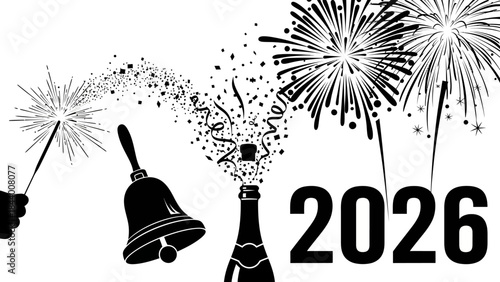 Happy new year 2026 with firework sparkler bell champagne bottle and confetti burst