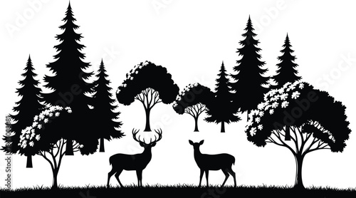 “Scenic forest landscape with silhouette deer under lush trees and pine woods, peaceful wildlife nature scene for vector illustration, outdoor wilderness design”