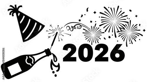 Happy new year 2026 with party hat champagne bottle sparkler and fireworks display