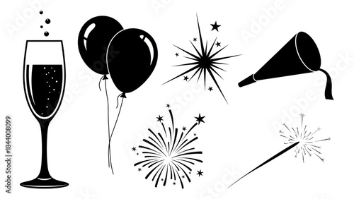 New year party elements collection including champagne balloons firework and horn