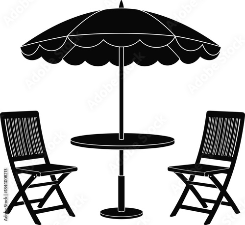 Outdoor patio table and chairs silhouette vector, garden umbrella furniture design for backyard seating, summer cafe and beach relaxation